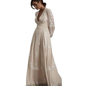 Anthropologie BHLDN Belize Embroidered Beading A-Line Gown Sheer Sleeves Boho 6